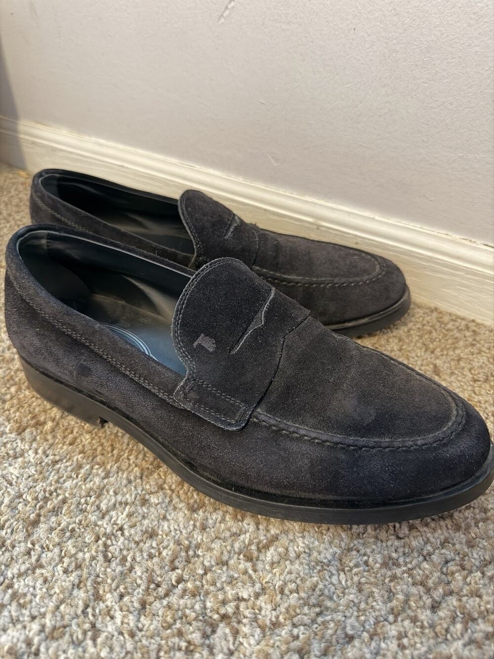 TOD'S men shoes Black suede Velvet loafer with classic penny bar Rubber sole 8.5